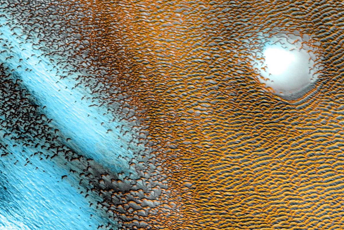 In einem neuen NASA-Bild leuchten bizarre blaue Strukturen auf der Marsoberfläche